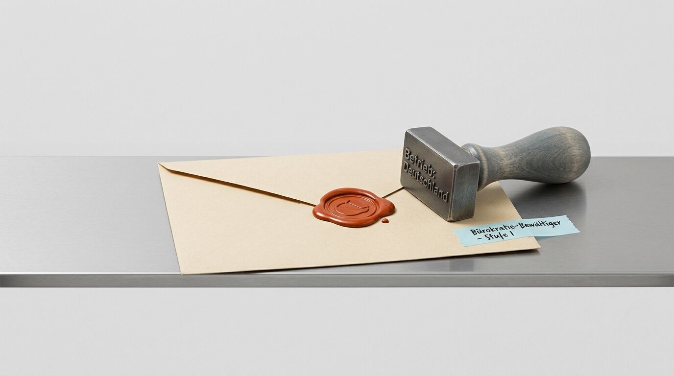 Umschlag mit Siegellack, Holzstempel „Betrieb: Deutschland“, Zettel „Bürokratie-Bewältiger“ auf Metall