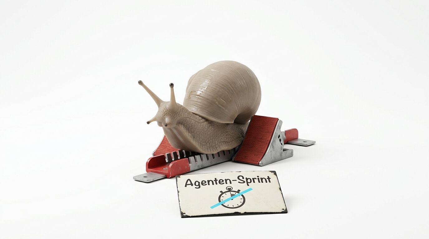 Schnecke in Startblöcken mit Schild