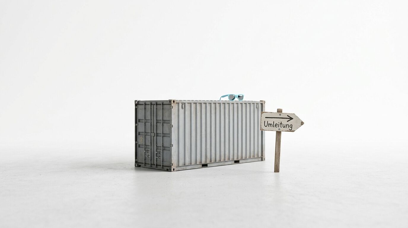 Ein grauer Frachtcontainer mit Sonnenbrille und Wegweiser 