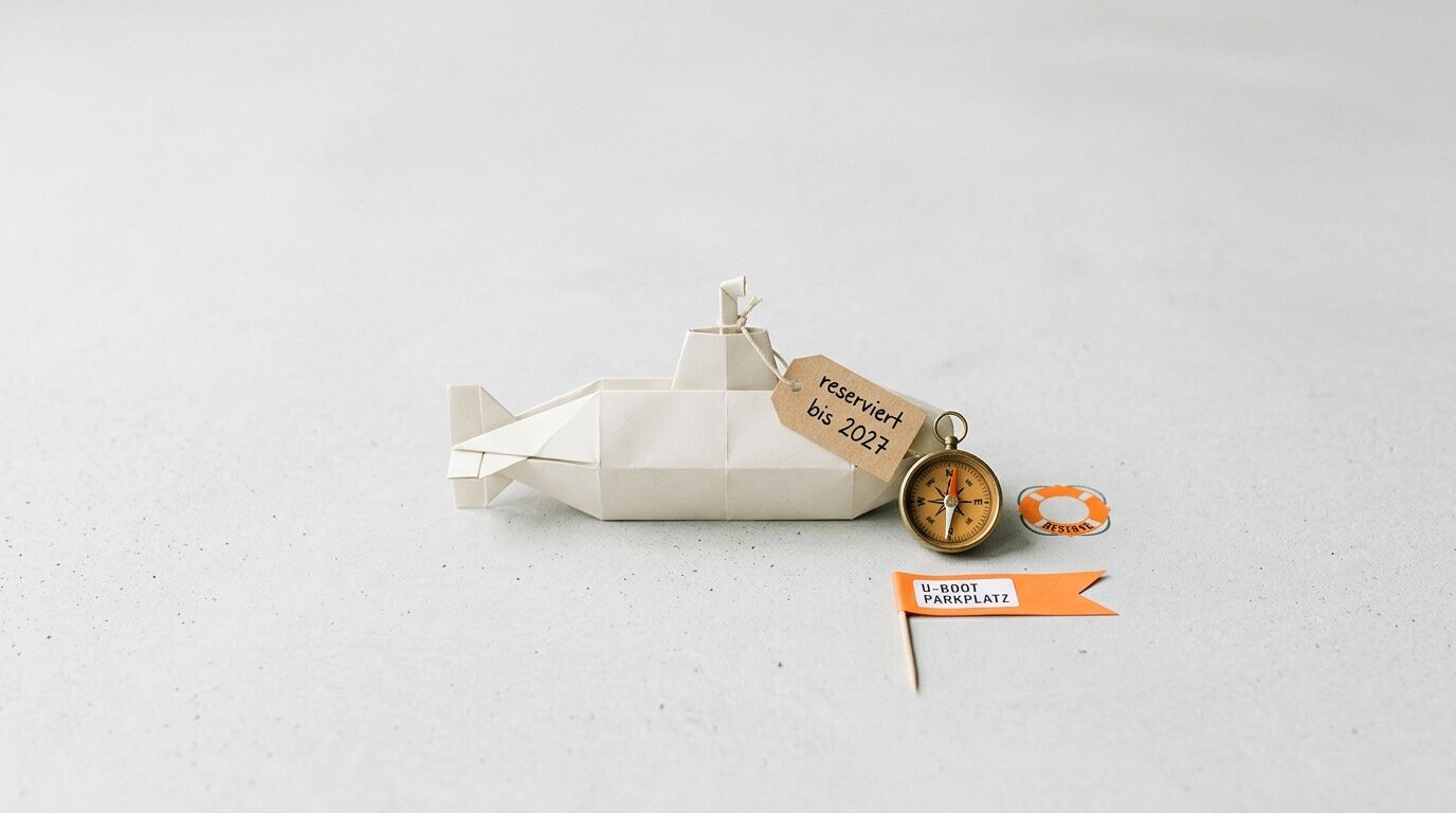 Ein Origami-U-Boot mit Anhänger, Kompass und Parkplatz-Fähnchen auf hellem Grund