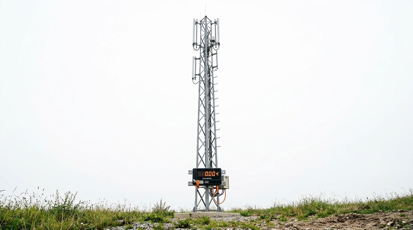 Mobilfunkmast mit digitalem Preisschild auf einer Wiese vor bewölktem Himmel