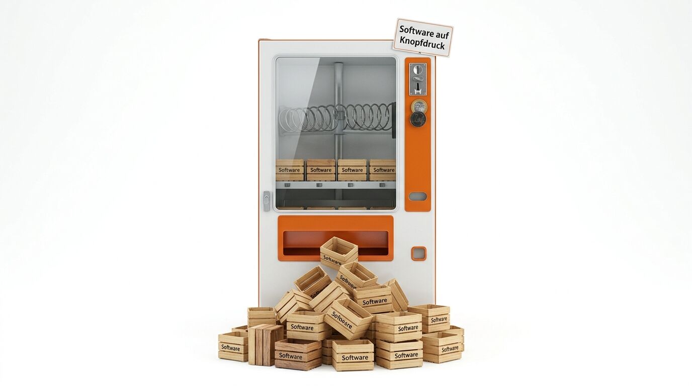Verkaufsautomat mit vielen Holzkisten davor, alle mit Aufschrift „Software“