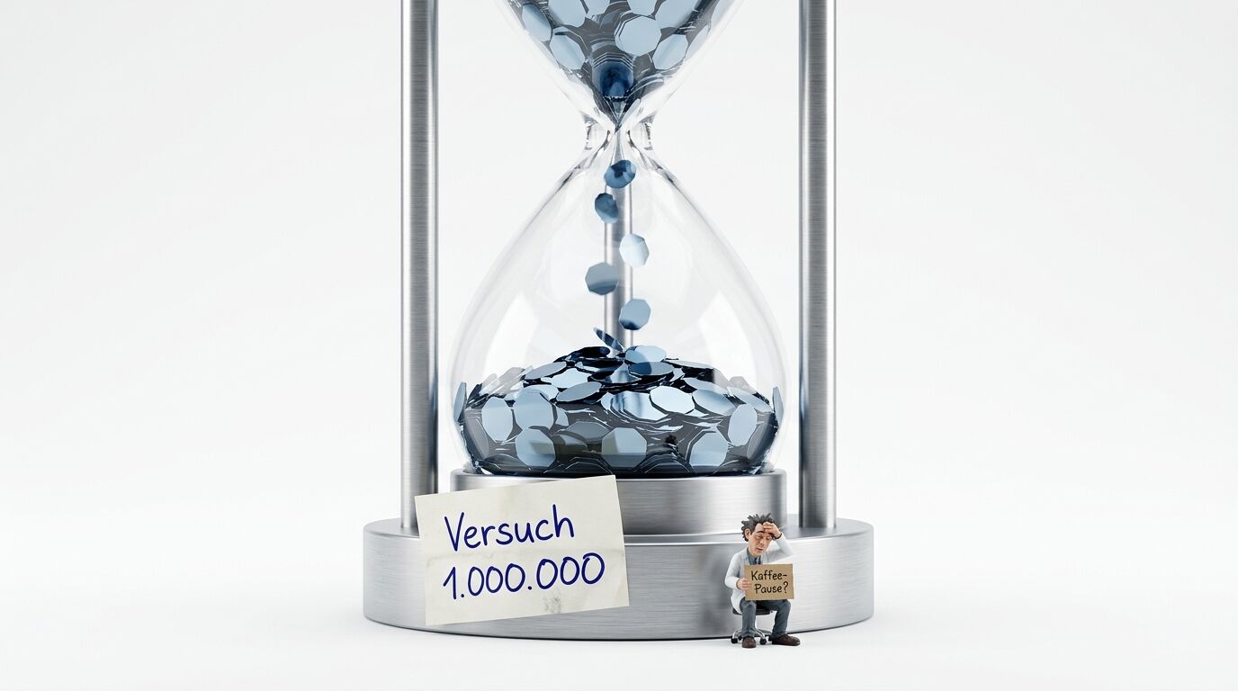 Sanduhr mit Münzen, ein Notizzettel „Versuch 1.000.000“ und eine Figur