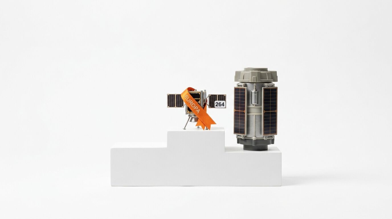 Zwei Satellitenmodelle stehen auf einem weißen Siegerpodest vor hellem Hintergrund