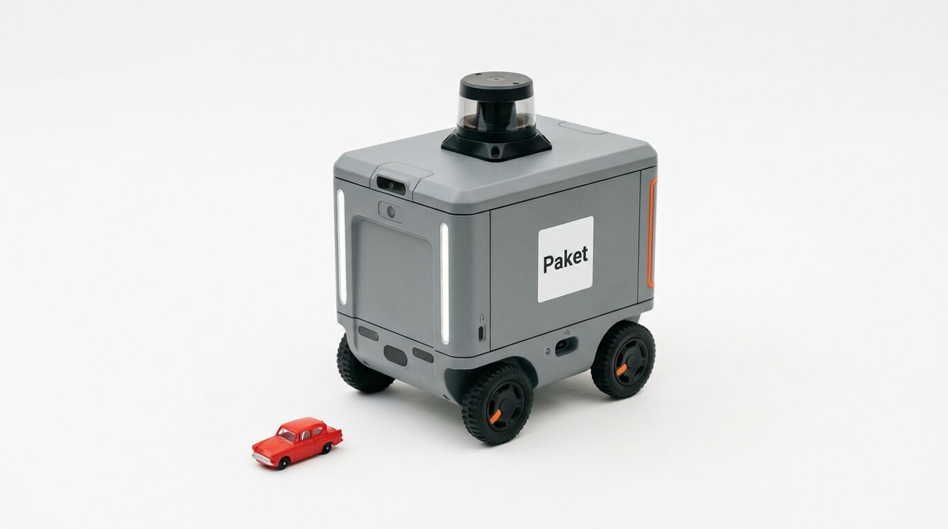 Ein Lieferroboter neben einem roten Spielzeugauto auf weißem Grund