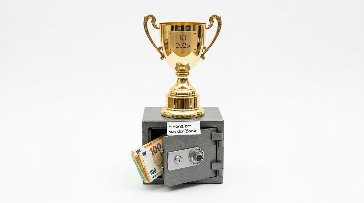 Goldener Pokal auf offenem Tresor mit Geld, darauf Schild „finanziert von der Bank“
