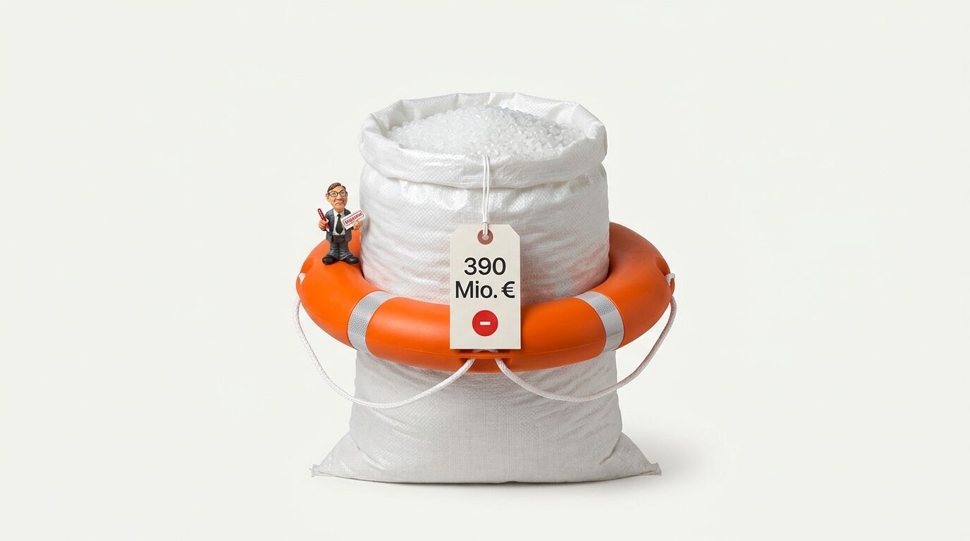 Sack mit weißem Granulat, umgeben von einem Rettungsring und einem Preisschild „390 Mio. €“