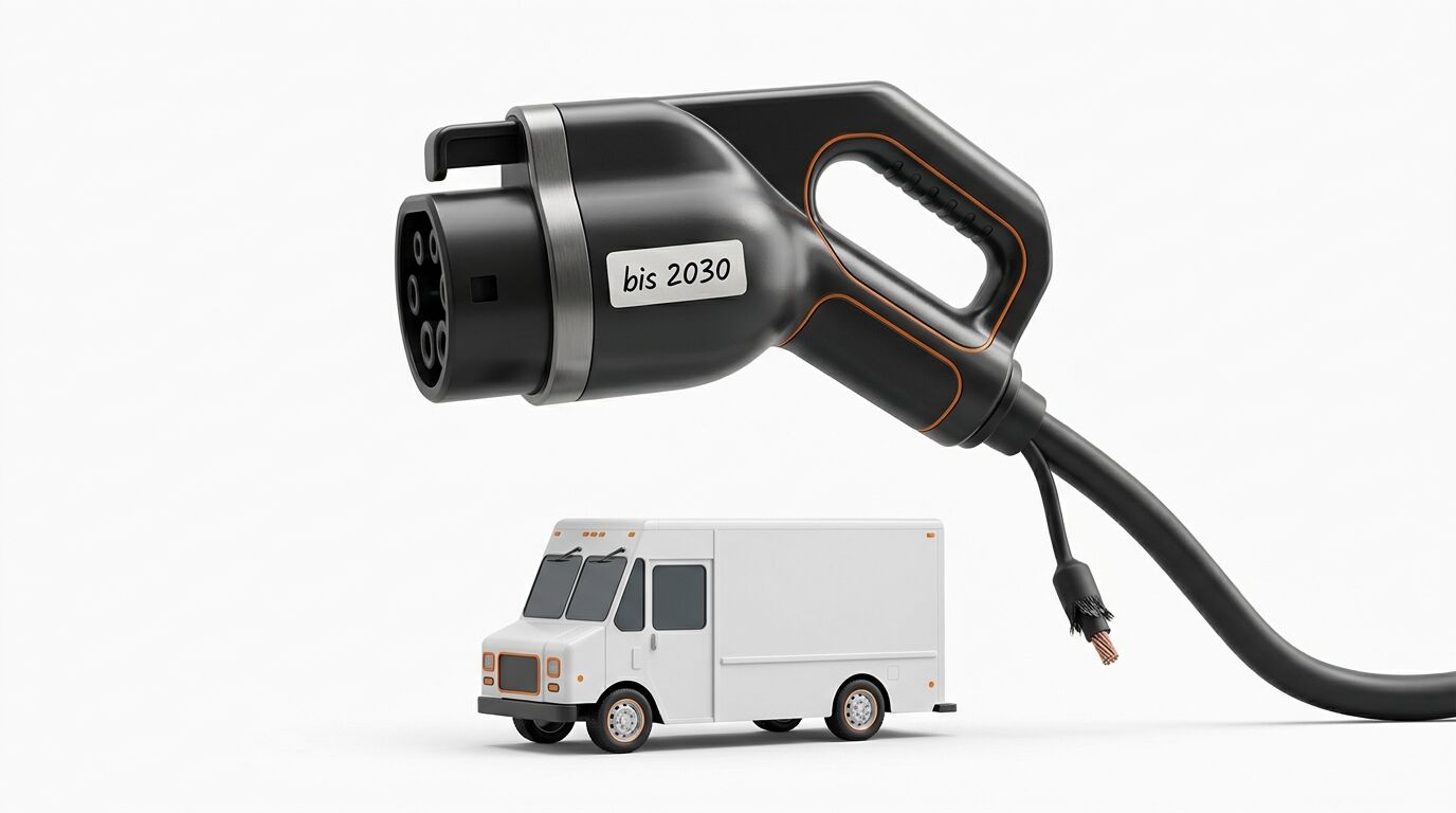 Großer Ladestecker „bis 2030“ und kleiner Lieferwagen vor weißem Grund