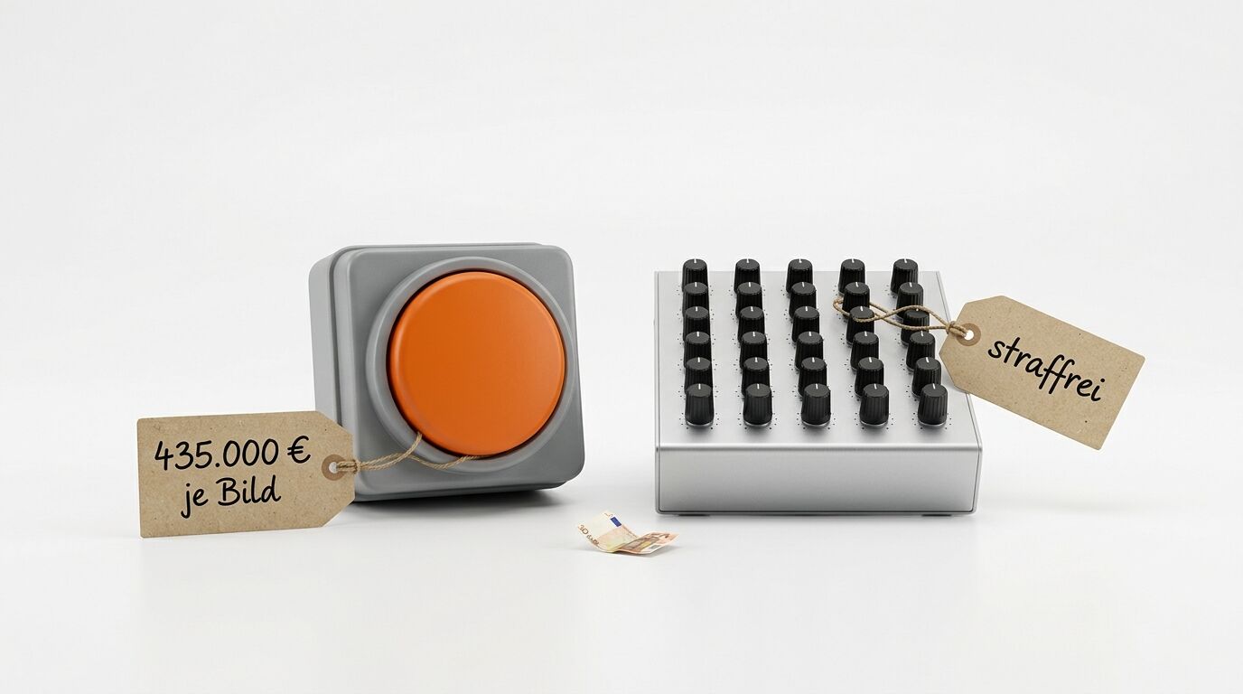 Ein grauer Taster mit orangefarbenem Knopf und ein Mischpult auf weißem Untergrund