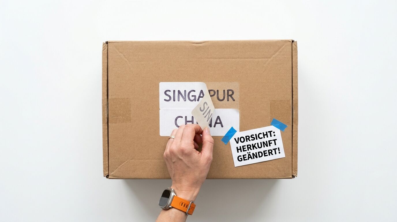 Ein Aufkleber mit „SINGAPUR“ wird von einer Hand entfernt, darunter erscheint „CHINA“