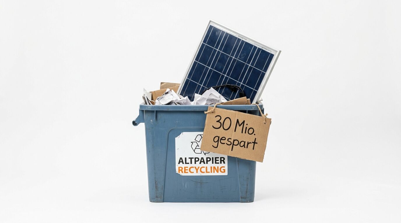 Mülltonne mit Papier, Solarpanel und Pappschild 