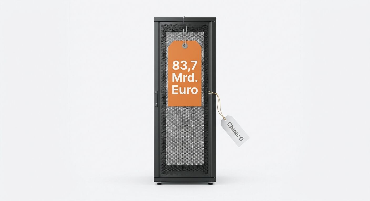 Ein Serverschrank mit zwei Preisschildern. Ein oranges Schild zeigt den Betrag von 83,7 Mrd. Euro, ein weißes Schild trägt die Aufschrift