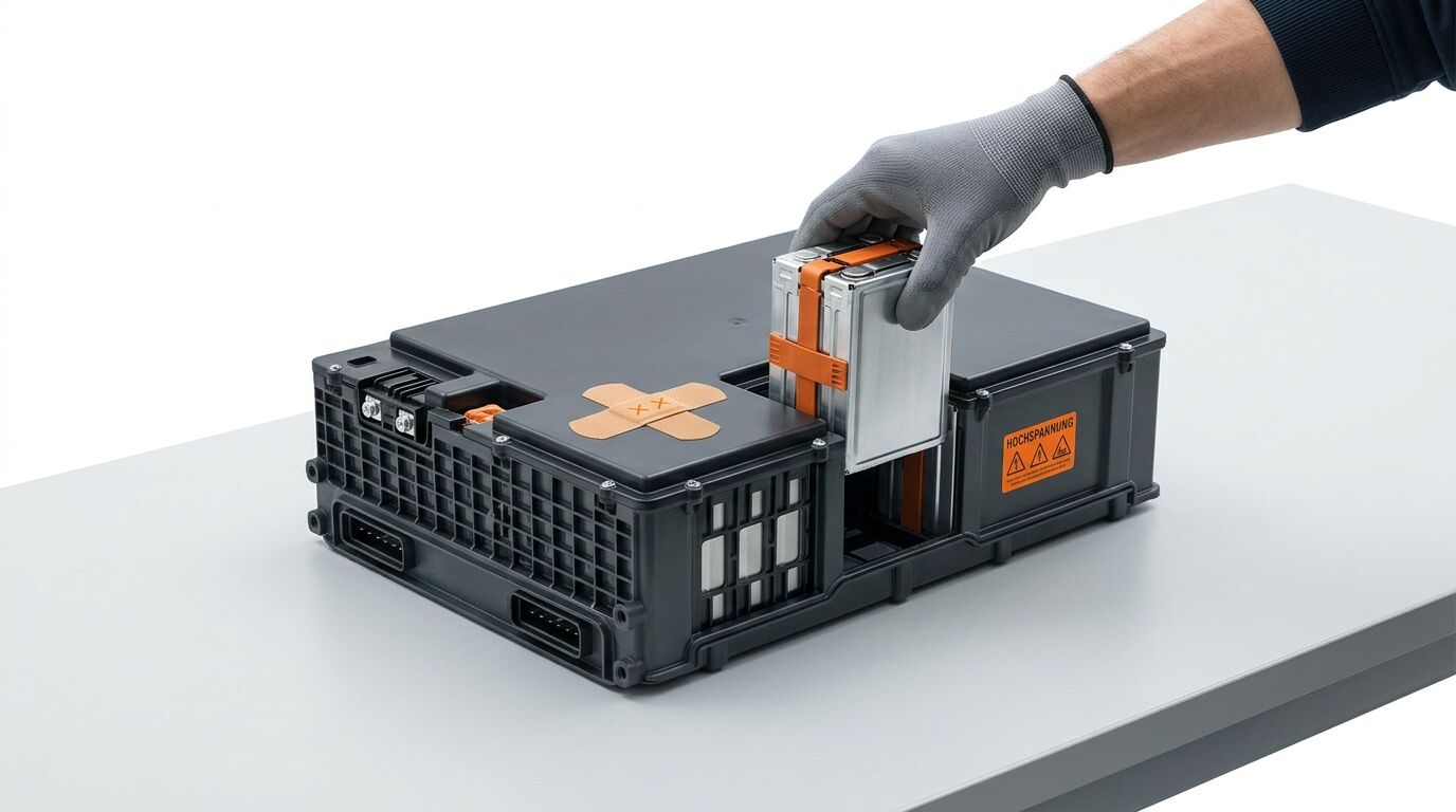 Hand mit Handschuh setzt Akkumodul in Batteriegehäuse mit Pflaster ein