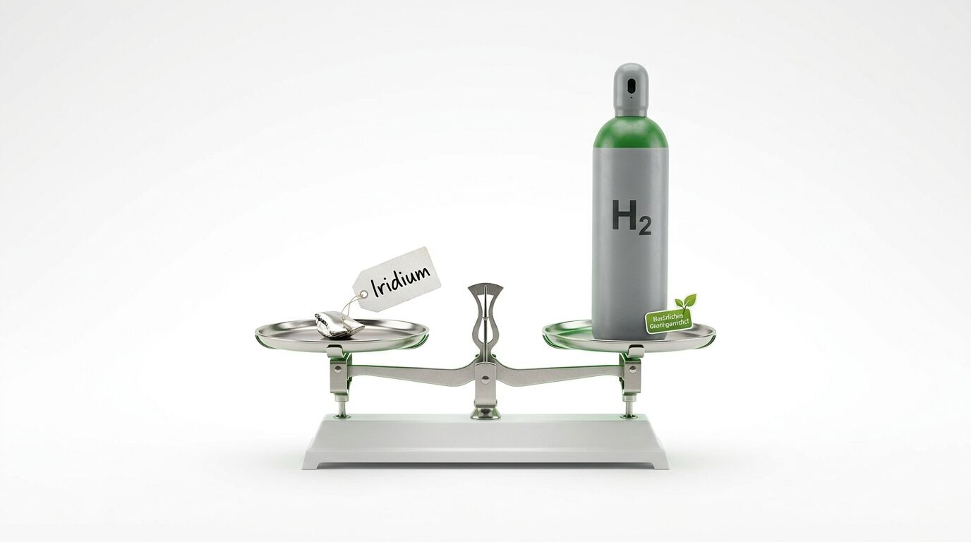 Waage mit Iridium-Klumpen links und H2-Zylinder rechts, im Gleichgewicht