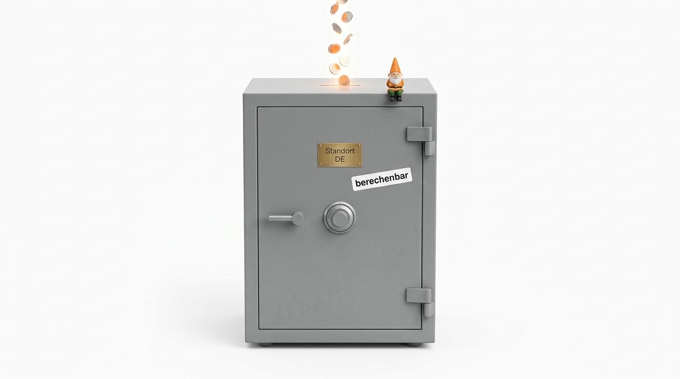 Grauer Safe, Goldmünzen fallen in Schlitz, ein Gartenzwerg sitzend, Schilder mit Text