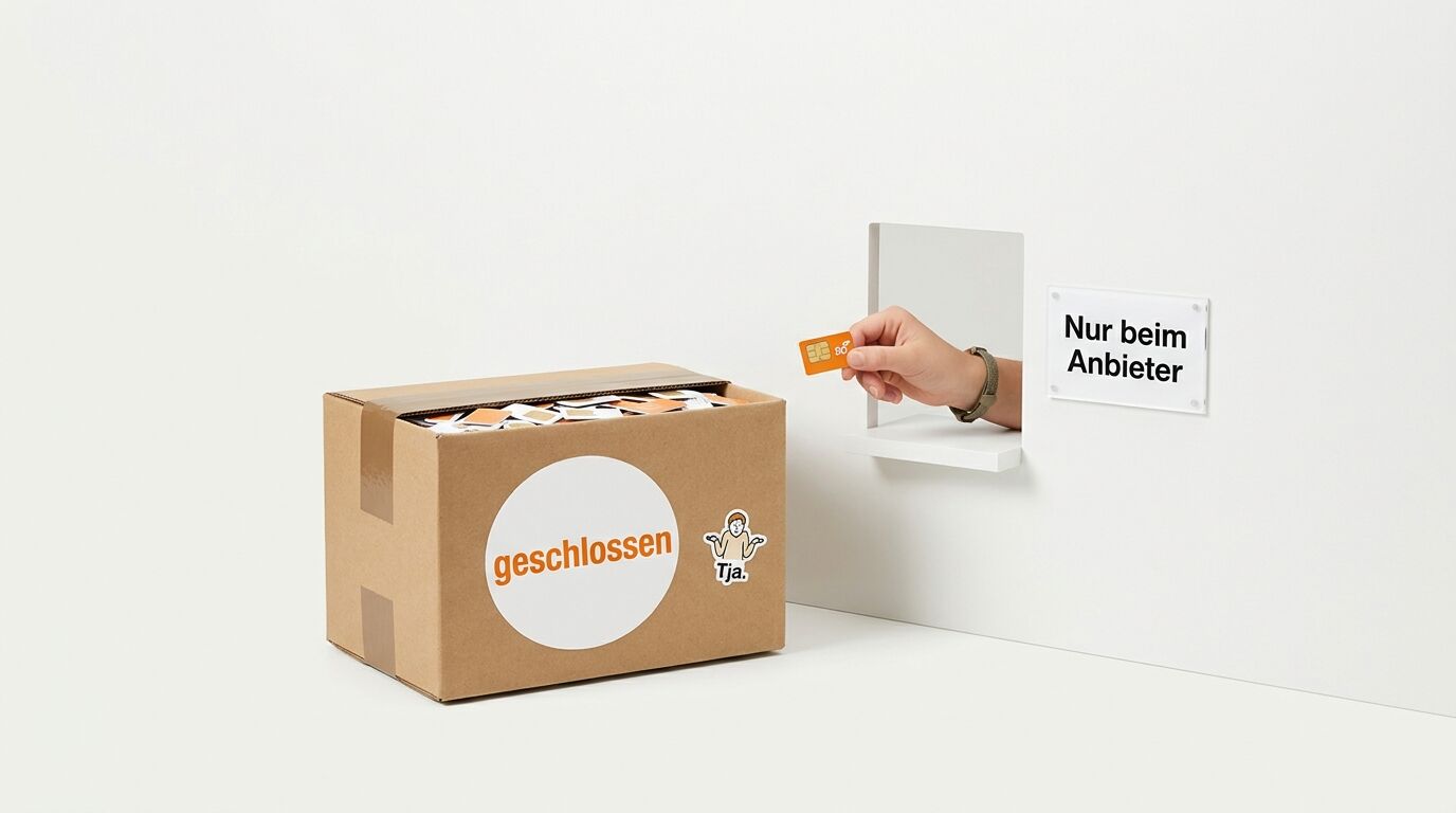 Hand reicht Chipkarte aus Luke neben Schild; davor offener Karton mit Aufschrift „geschlossen“