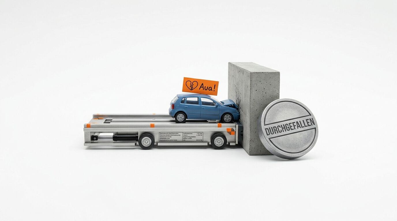 Modellauto auf Rollprüfstand frontal gegen Betonblock, Siegel „DURCHGEFALLEN“, oranges Schild „Aua!“