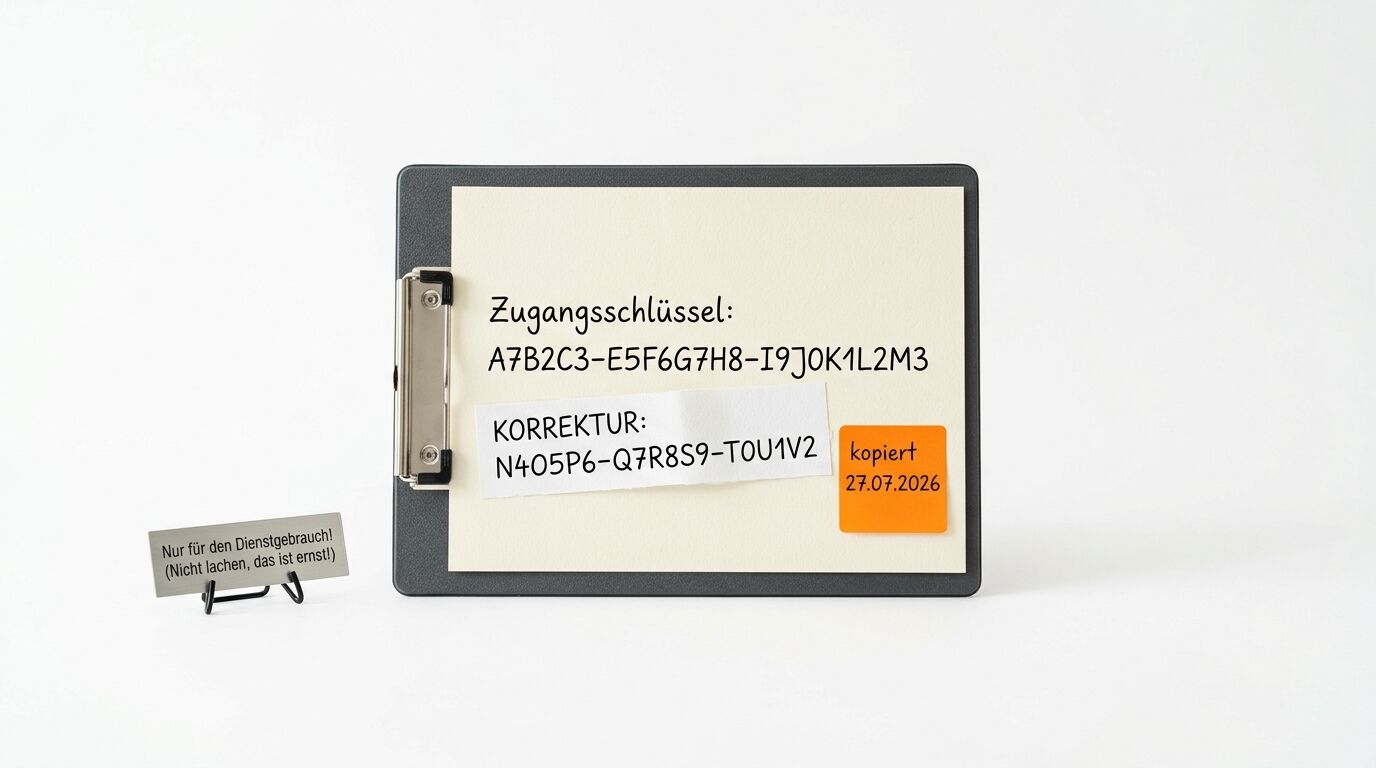 Klemmbrett mit Zugangsschlüsseln, Notiz, orangefarbenem Klebezettel und Schild