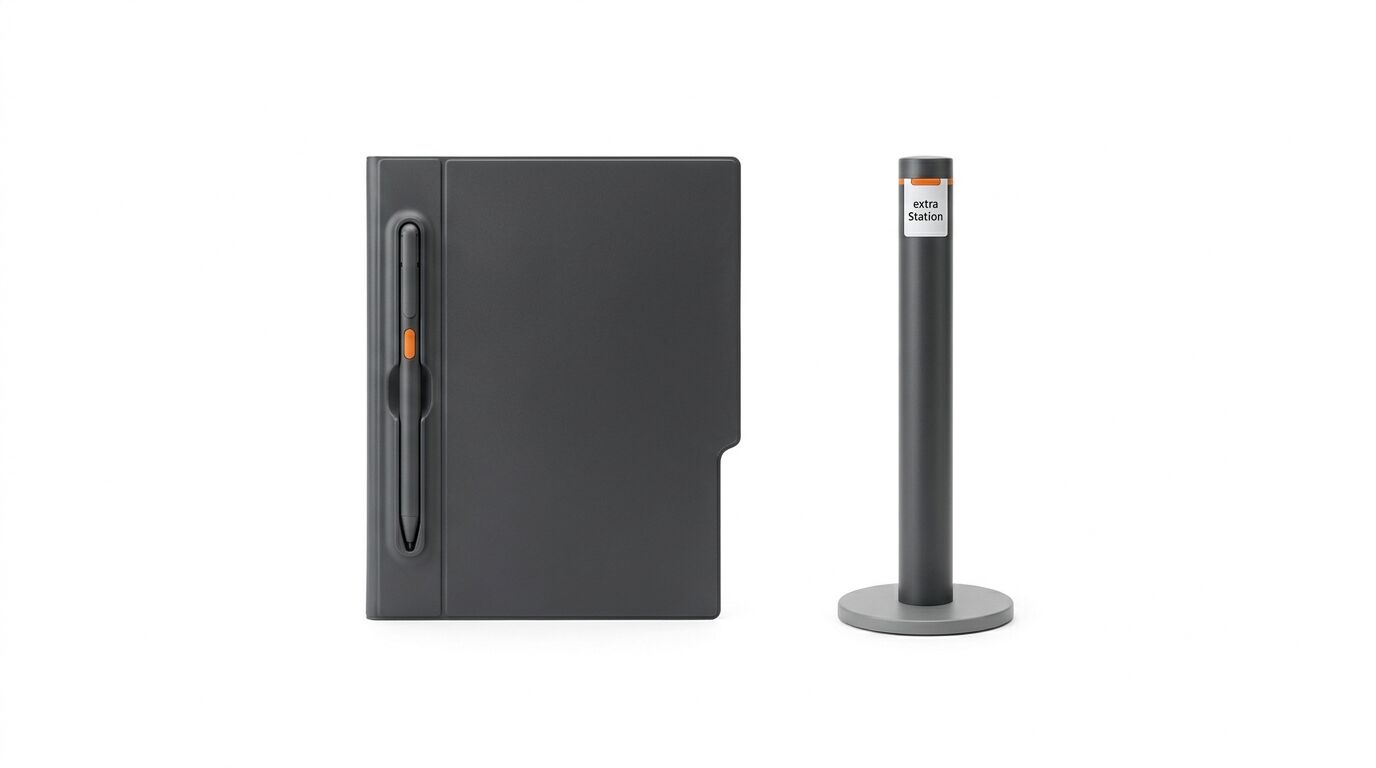 Graues Grafiktablet mit Stift links, graue Säule mit Aufschrift „extra Station“ rechts auf weißem Grund