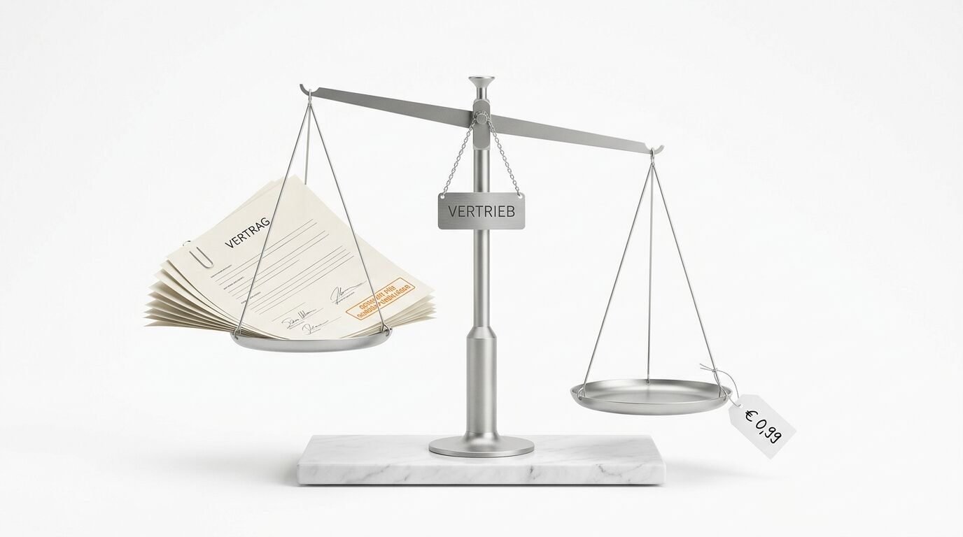 Waage mit Vertrag links und Preisschild rechts, Schild „VERTRIEB“ in der Mitte