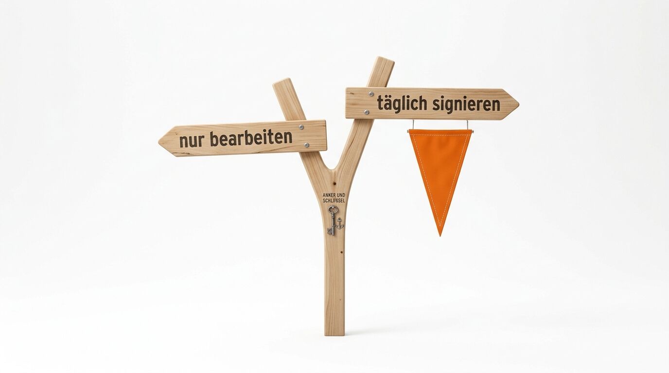 Wegweiser aus Holz mit Text, Schlüssel und Anker sowie einem orangefarbenen Wimpel