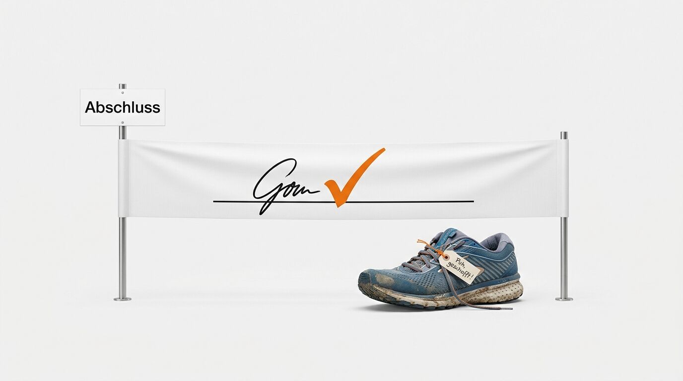 Ein gebrauchter Laufschuh vor einem Banner, das „Gone“ mit einem Haken zeigt
