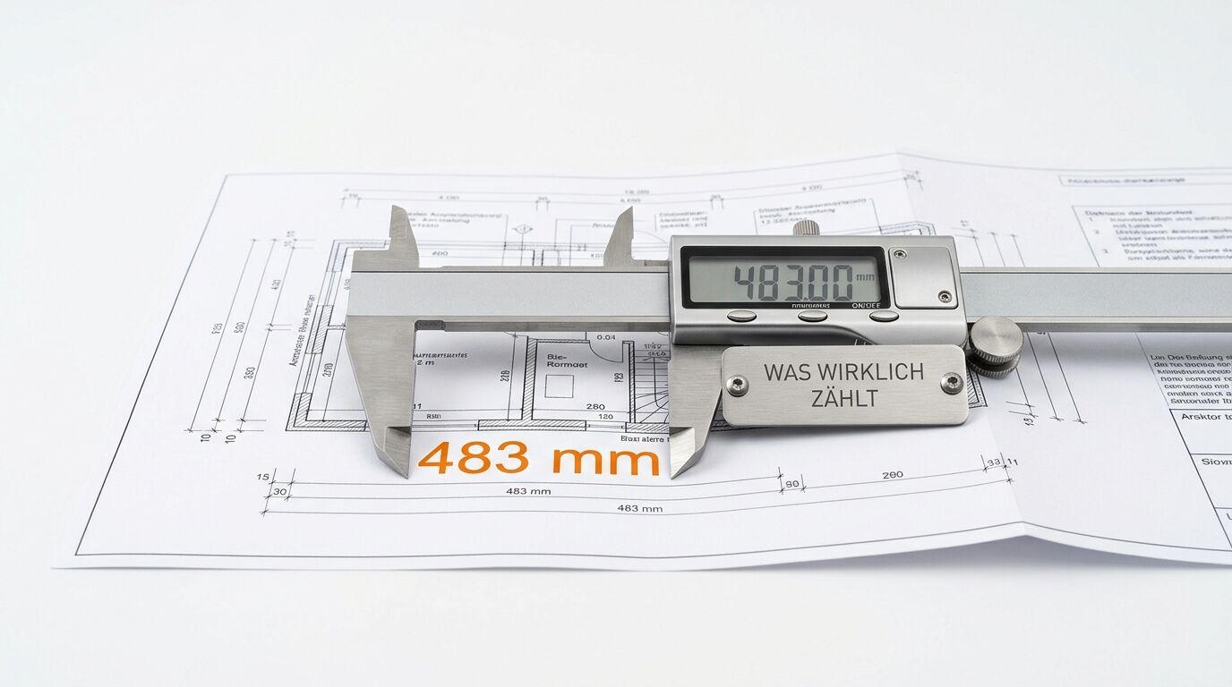 Messschieber mit Textplakette und „483.00 mm“-Anzeige auf Bauzeichnung mit Maßzahl „483 mm“