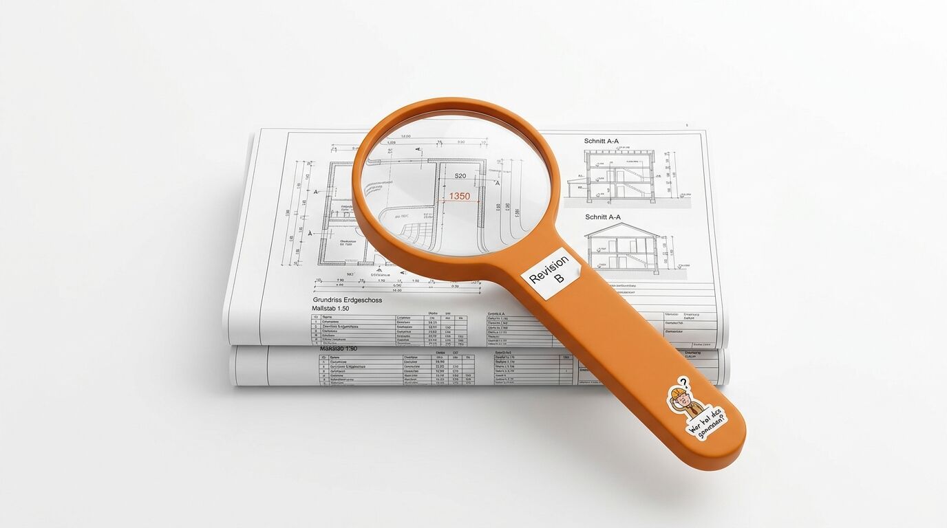 Orange Lupe auf technischen Zeichnungen mit Aufschrift „Revision B“ und Bauarbeiter-Cartoon