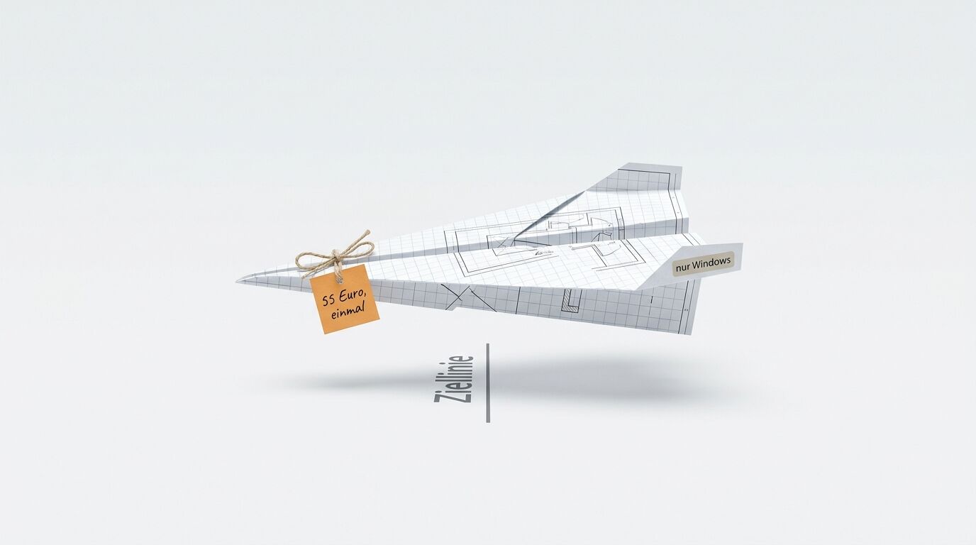 Ein Papierflieger aus Karopapier mit Grundrisszeichnung fliegt über eine Ziellinie