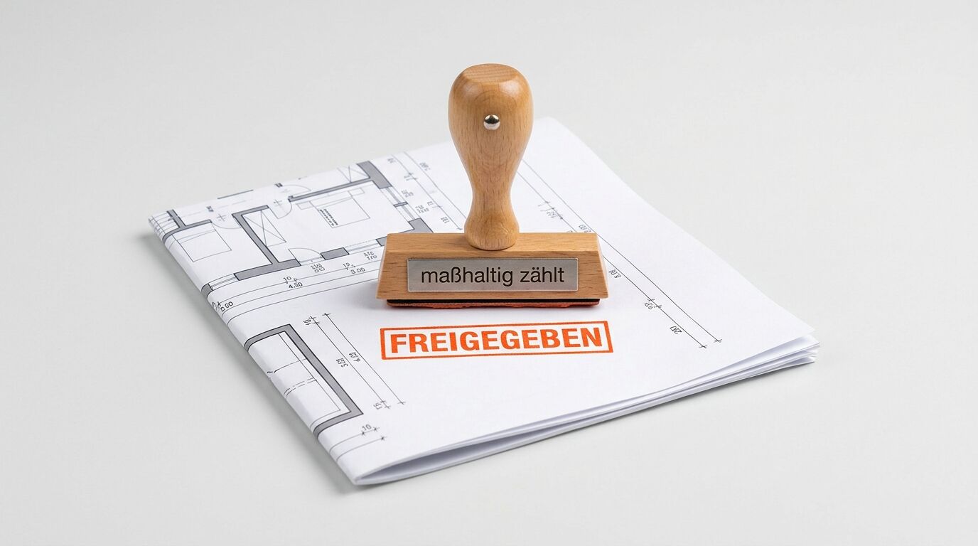 Ein Holzstempel auf einem Bauplan mit rotem Aufdruck 