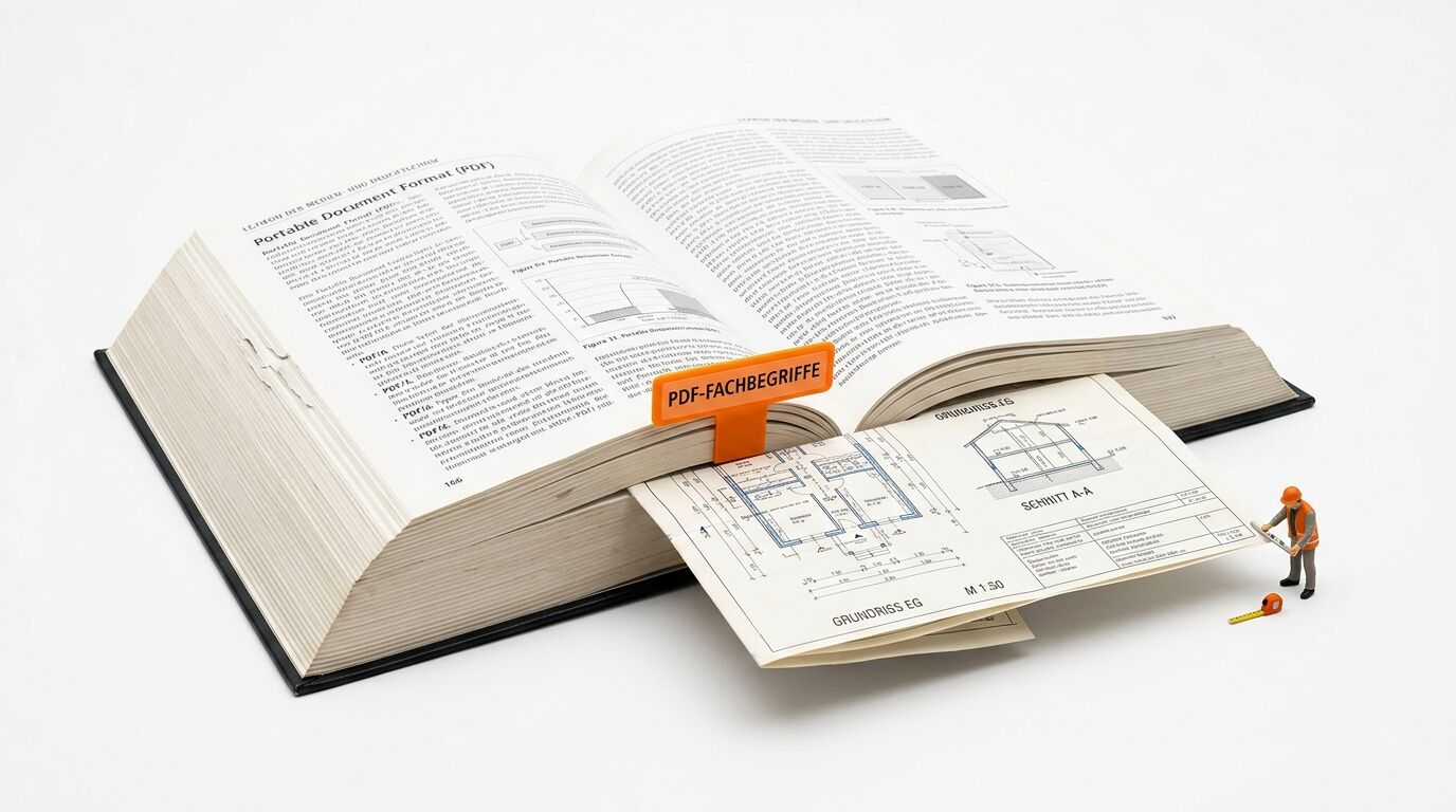 Aufgeschlagenes Fachbuch mit Bauplan, Lesezeichen und Miniatur-Bauarbeiter davor
