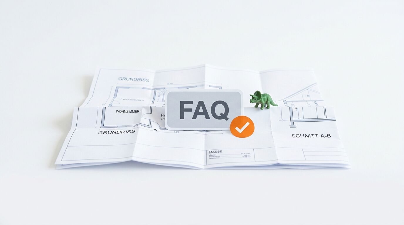 FAQ-Schild auf Bauplänen mit Haken und Spielzeugdinosaurier