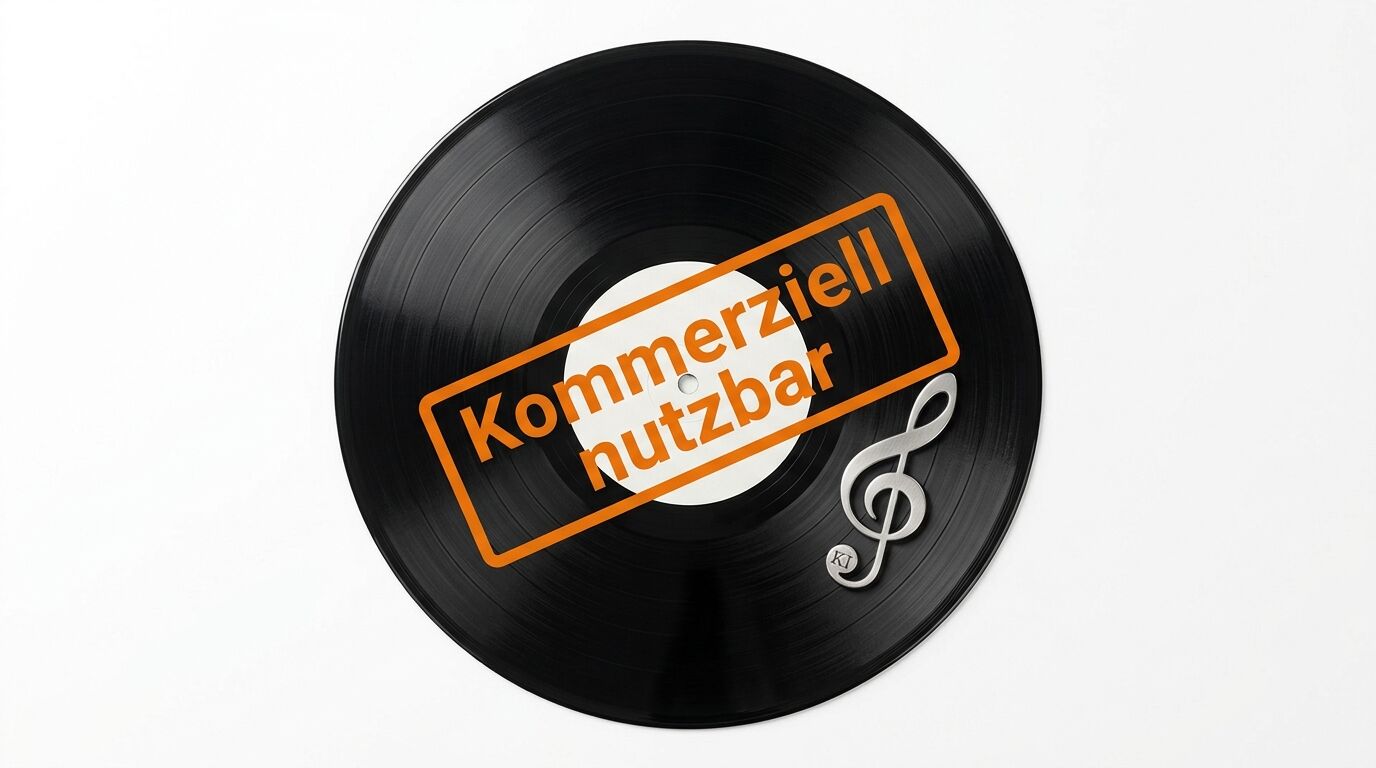 Schallplatte mit Aufschrift „Kommerziell nutzbar“ und Notenschlüssel, vor weißem Hintergrund