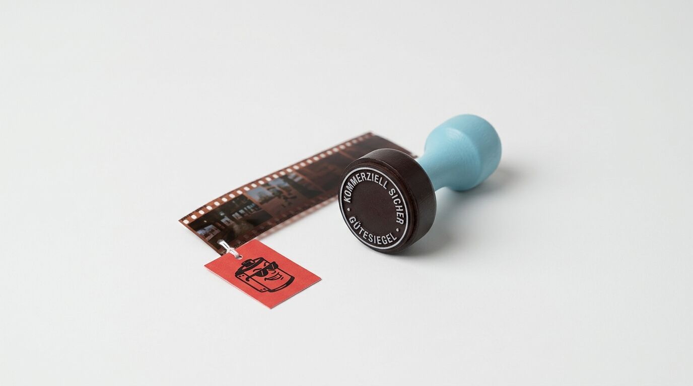 Ein Holzstempel, ein Filmstreifen und ein roter Anhänger mit Patronen-Logo auf weißem Grund