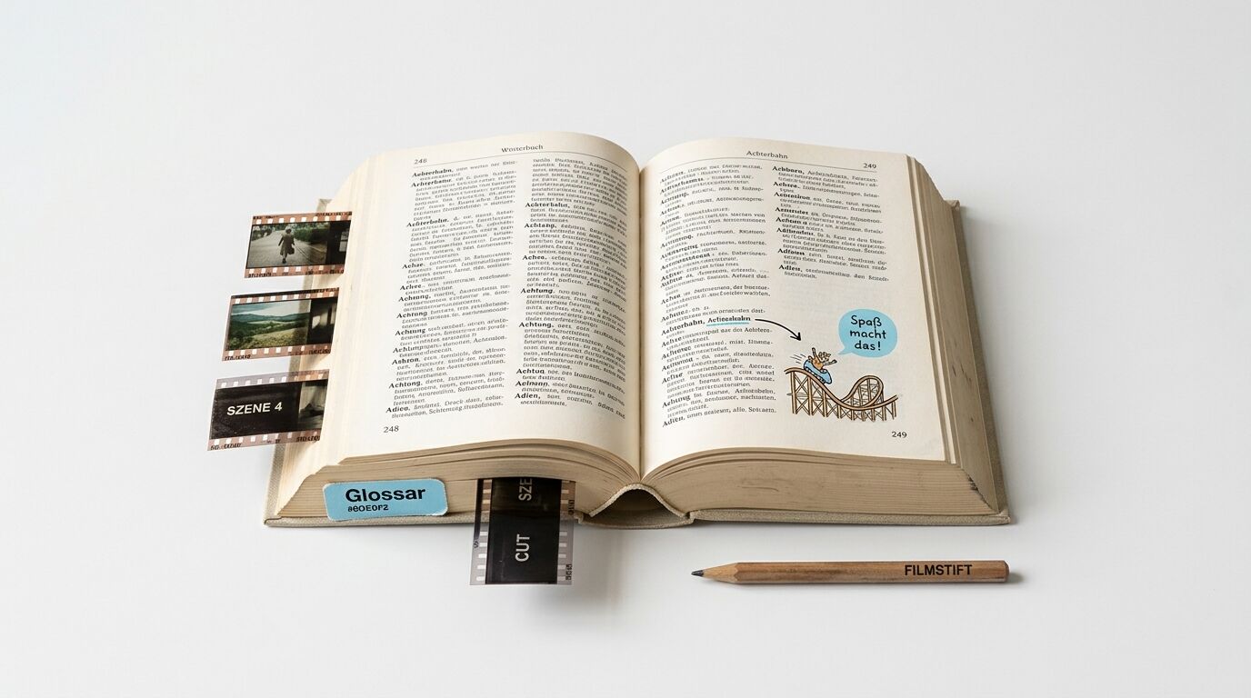 Geöffnetes Buch mit Filmstreifen und Stift