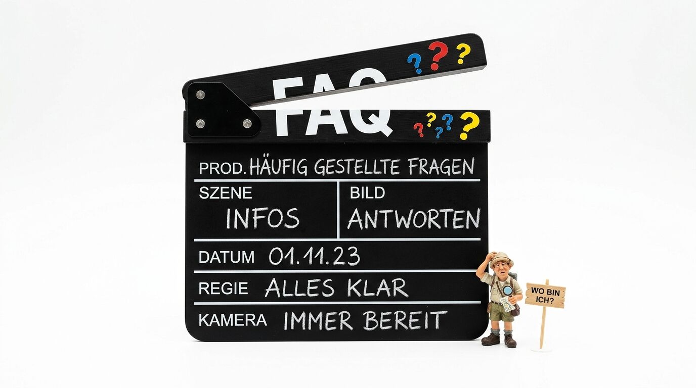 Schwarze Filmklappe mit der Aufschrift FAQ und Fragen, daneben eine kleine Entdeckerfigur