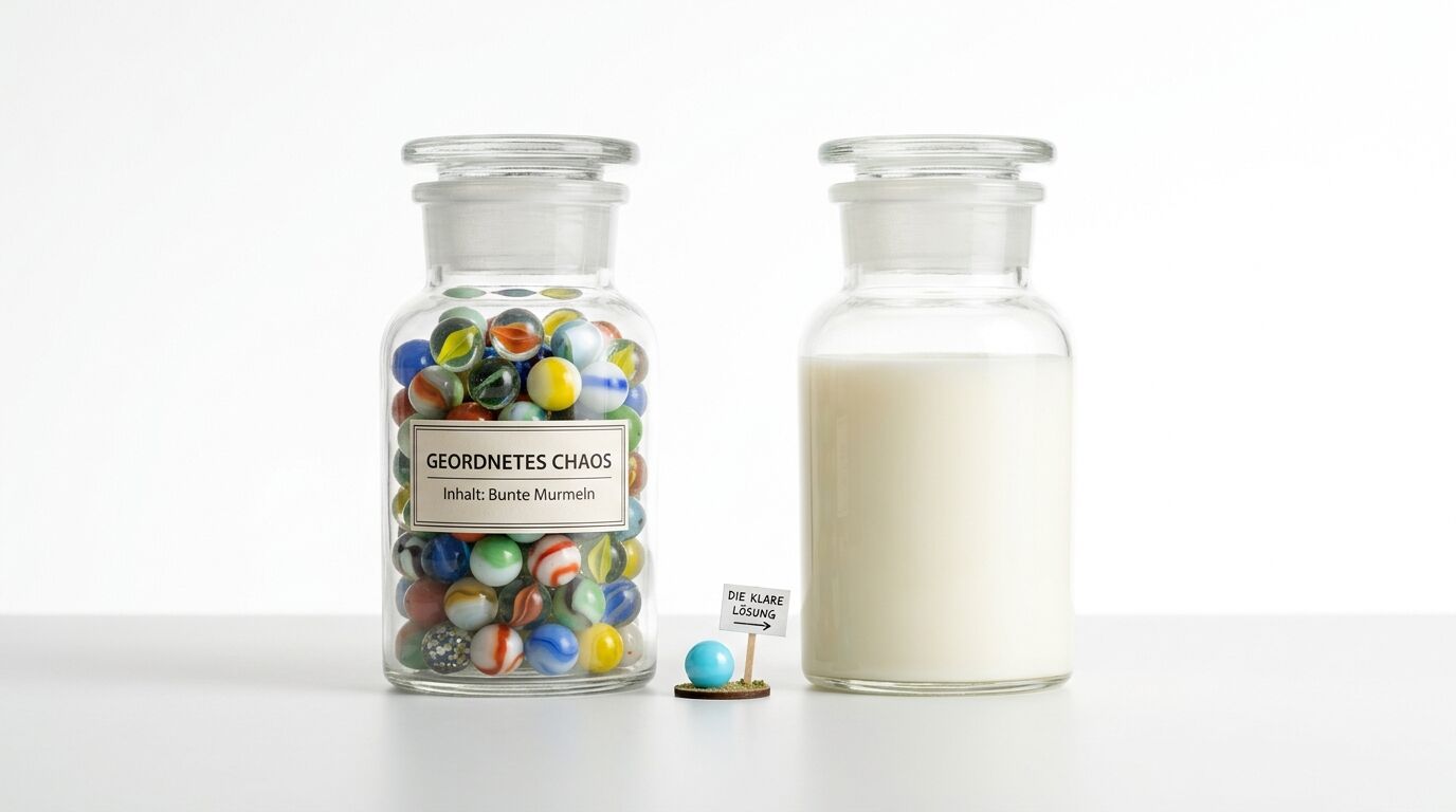 Zwei beschriftete Gläser, links bunte Murmeln, rechts weiße Flüssigkeit, davor Murmel und Schild