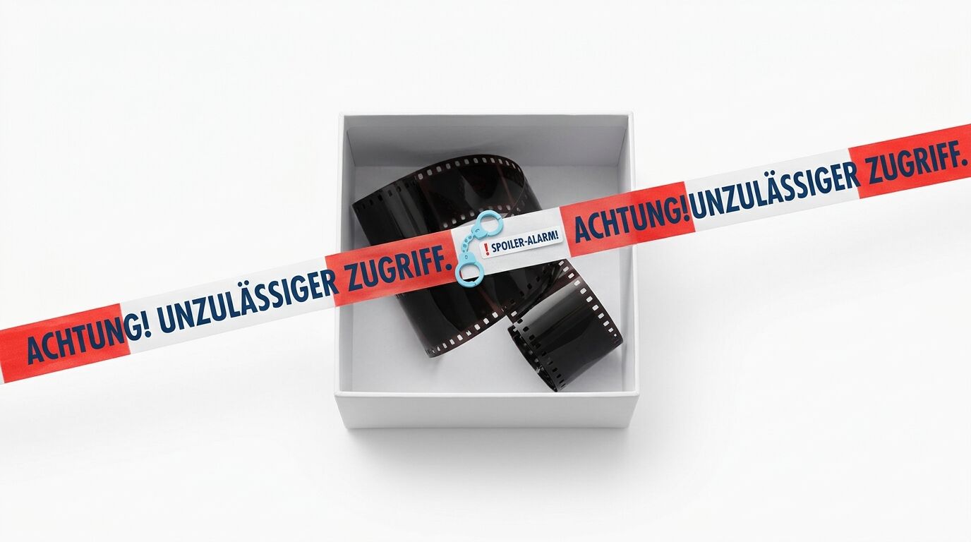Offene weiße Box mit Filmrolle, überklebt mit Absperrband 