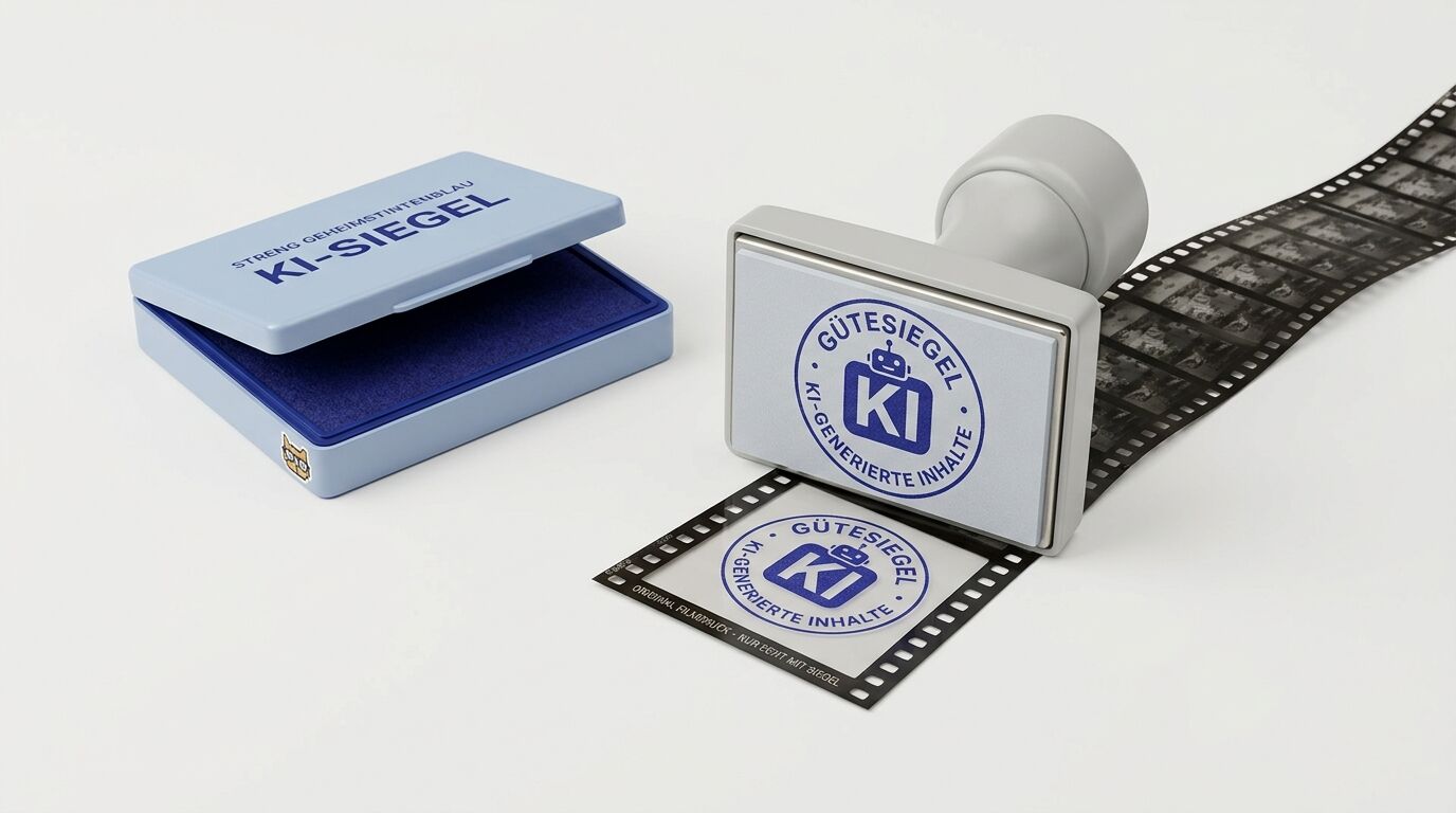 Ein hellblaues Stempelkissen, ein Stempel und ein Filmstreifen mit KI-Siegel-Aufdruck