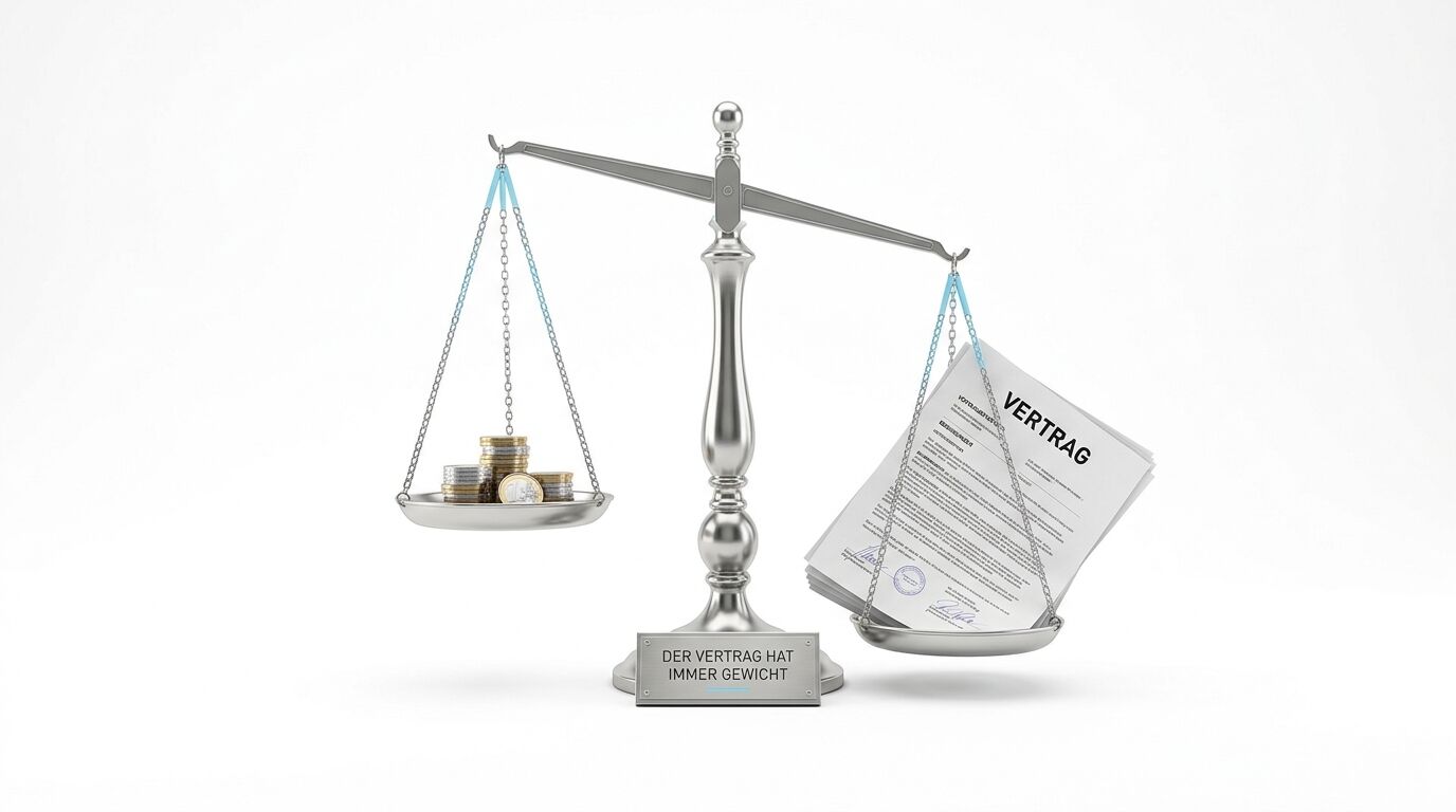 Waage mit Geld und Vertrag. Aufschrift: 
