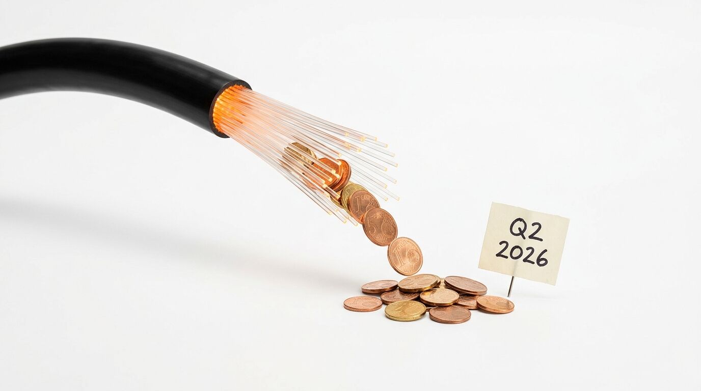 Münzen fallen aus einem Glasfaserkabel auf einen Haufen neben einem Schild mit „Q2 2026“