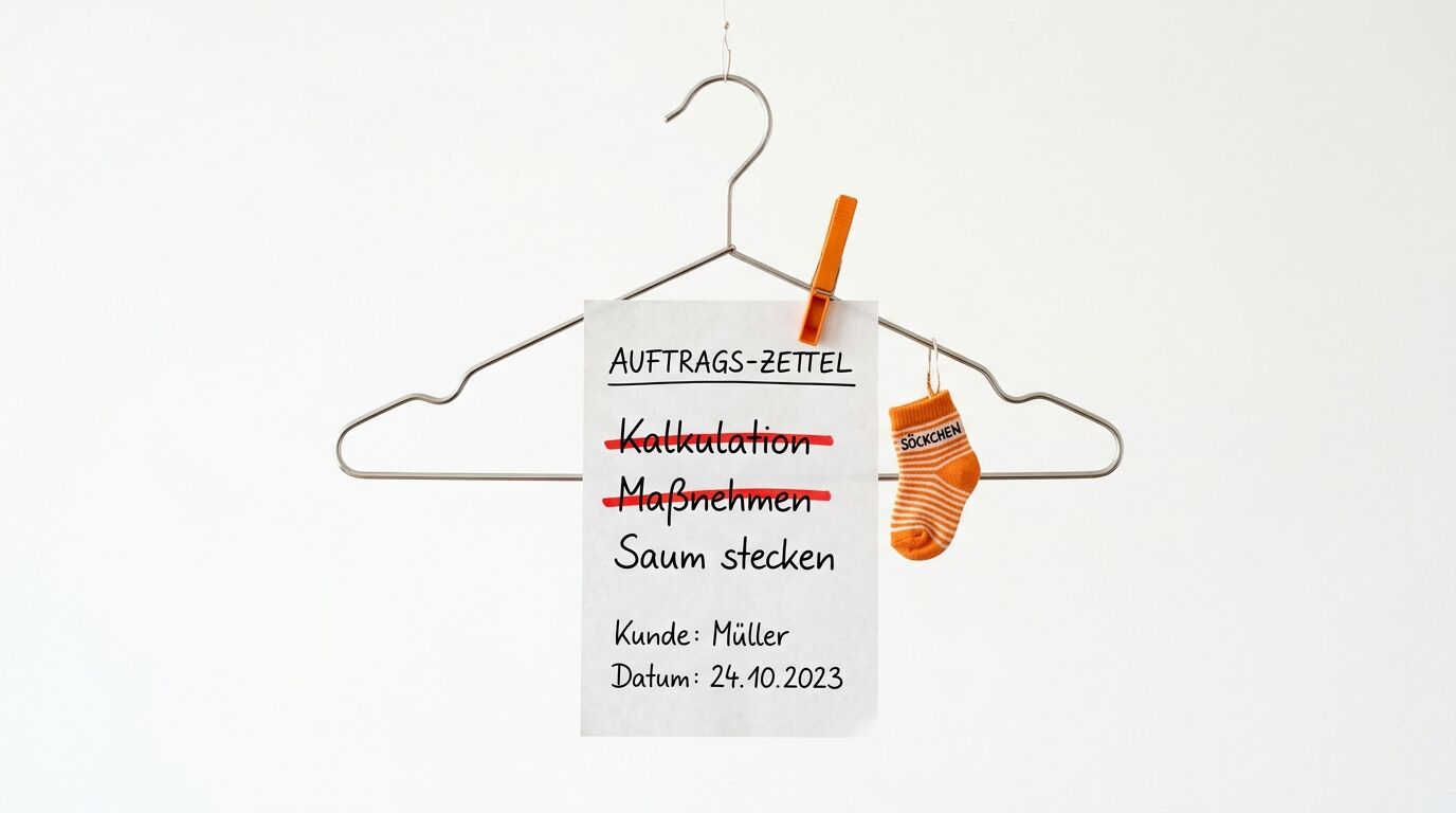 Kleiderbügel mit handschriftlichem Zettel und einer Socke auf weißem Hintergrund
