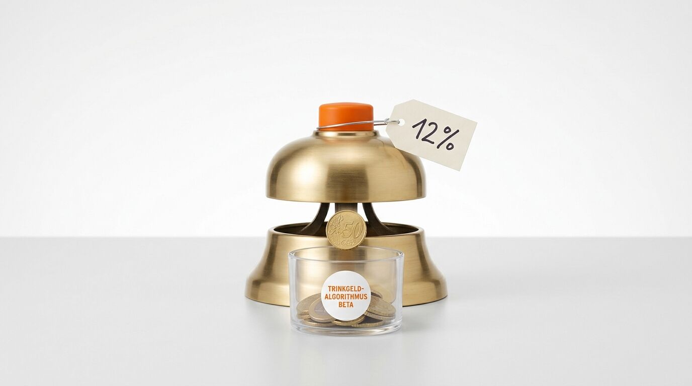 Rezeptionsklingel mit 12%-Schild, 50-Cent-Münze und Trinkgeld-Glas „TRINKGELD-ALGORITHMUS BETA“
