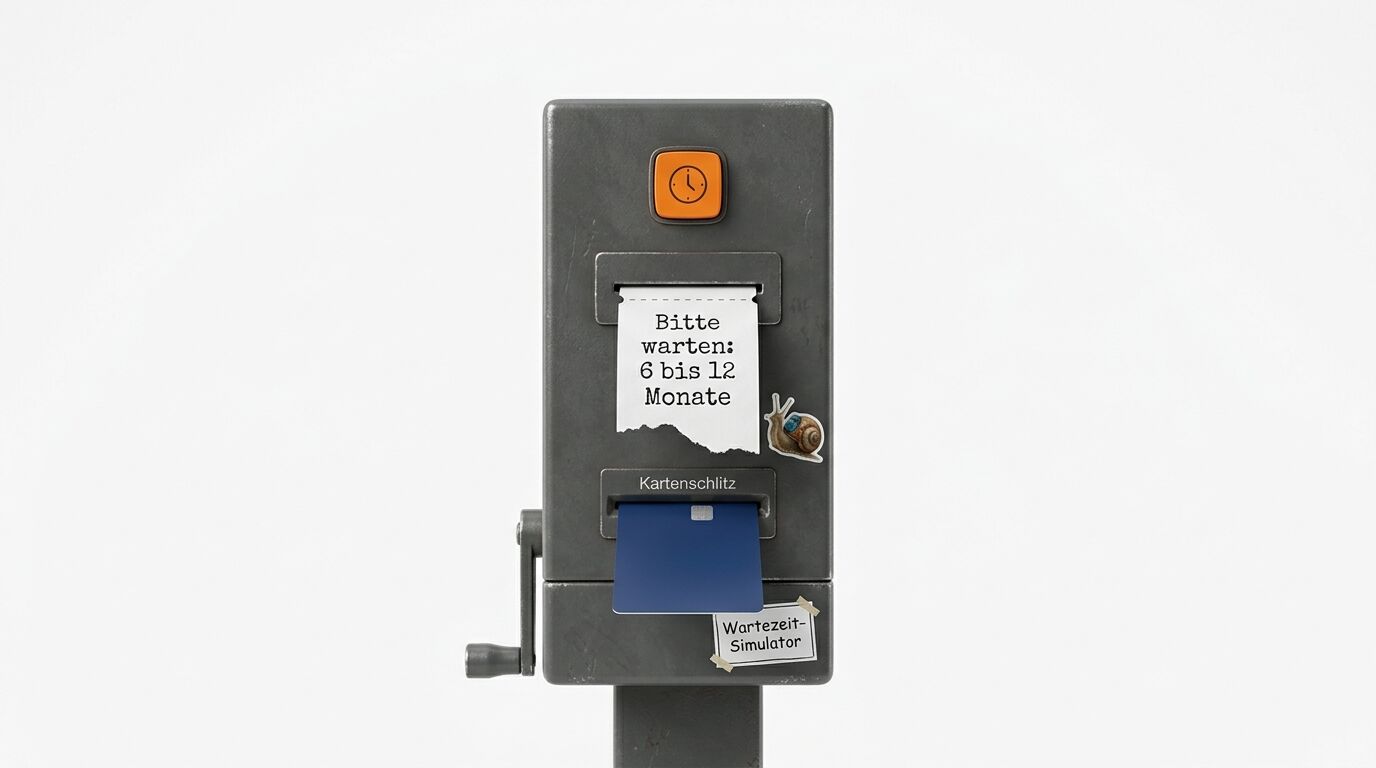 Ein grauer Metallautomat mit Handkurbel, beschriftet als „Wartezeit-Simulator“