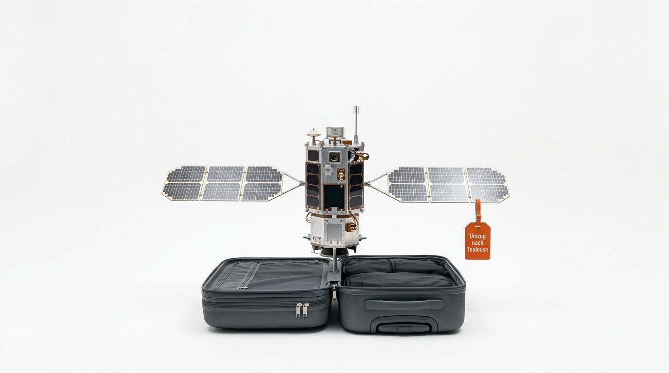 Ein Satellit mit Solarpanelen steht in einem geöffneten Rollkoffer