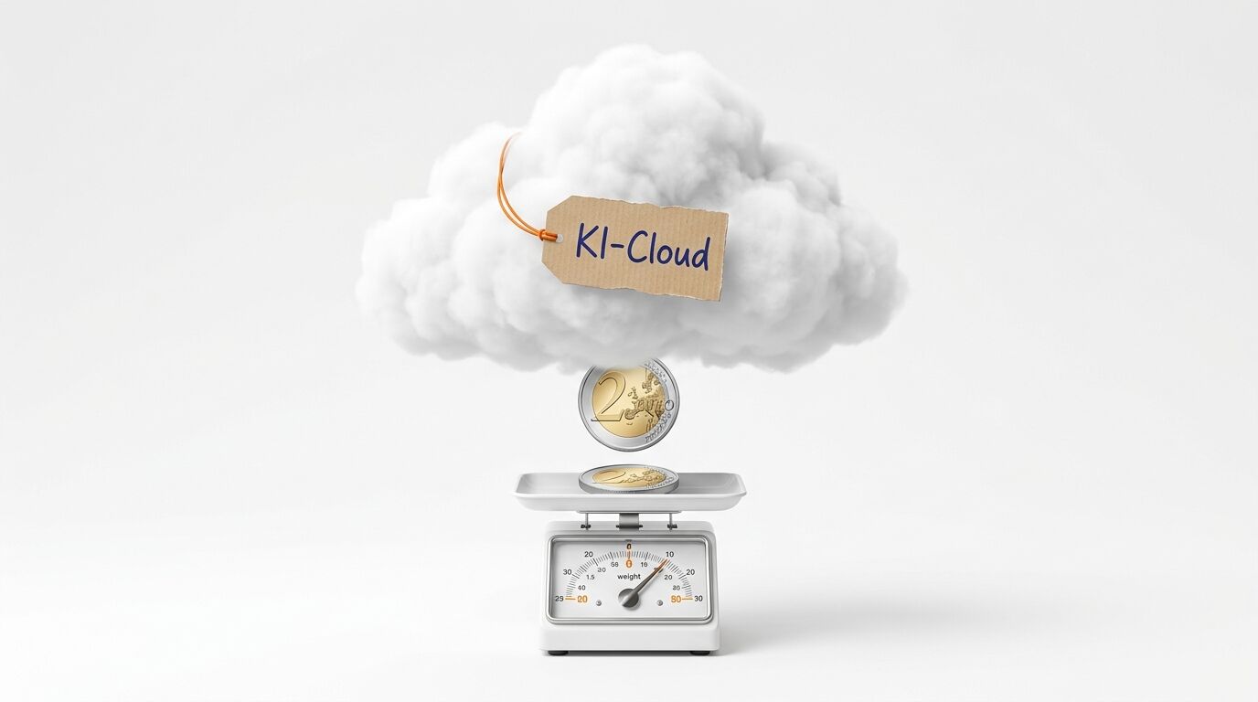 Wolke mit „KI-Cloud“-Schild über Waage mit Euromünze und Münze auf Waagschale vor weiß