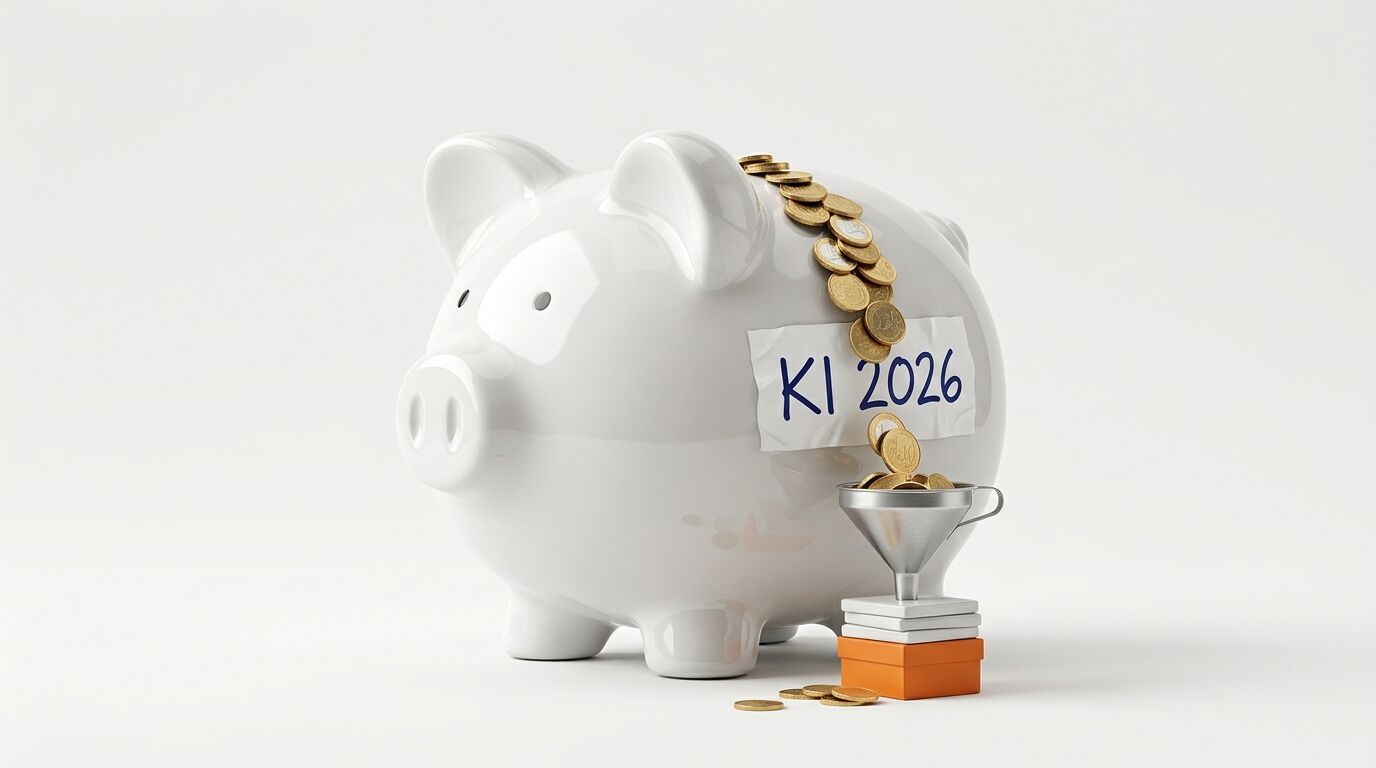 Weißes Sparschwein mit der Aufschrift „KI 2026“, aus dem Münzen in einen Trichter fallen