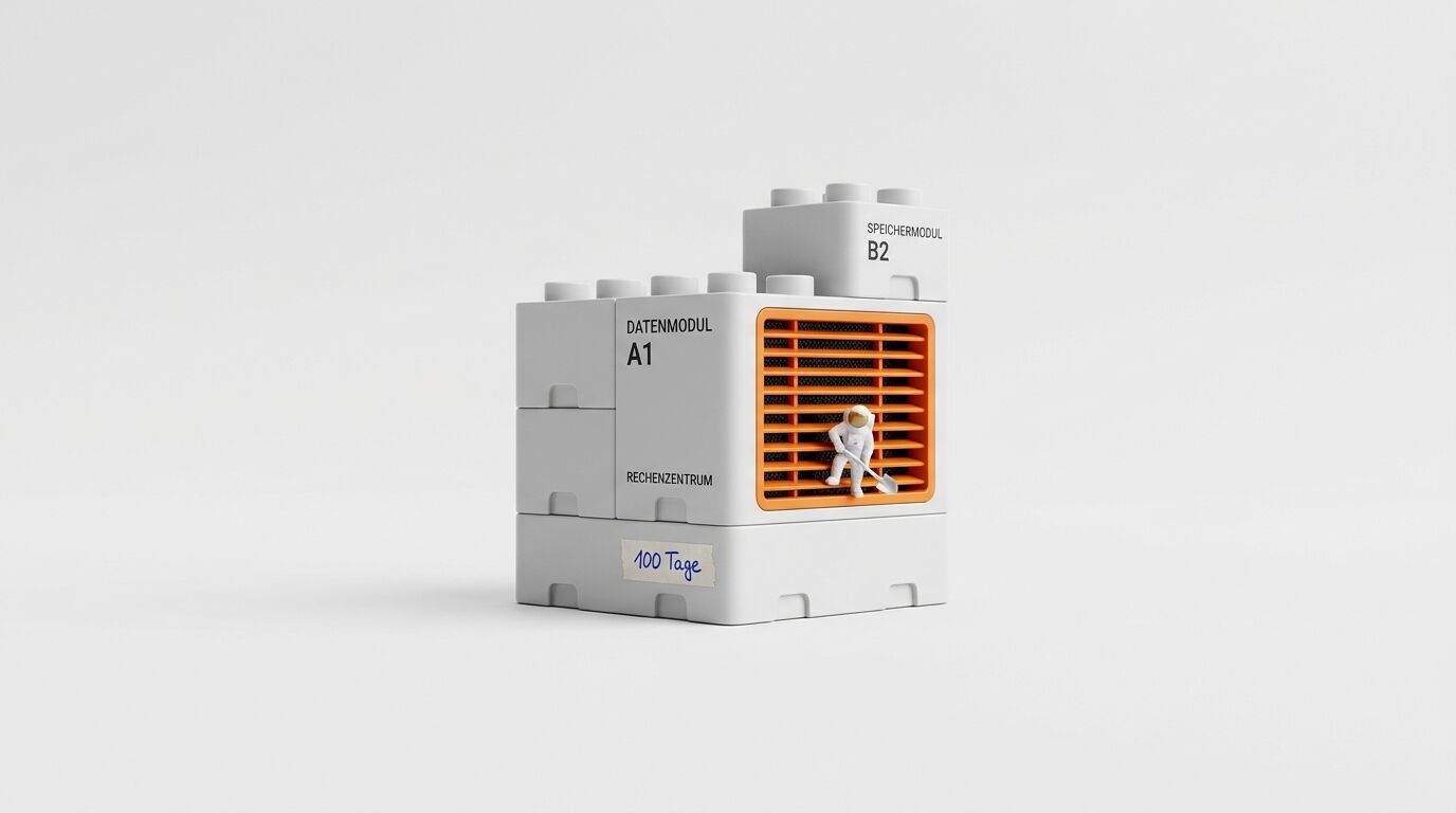 Eine weiße, beschriftete Legostruktur mit Gitter, Mini-Astronaut und