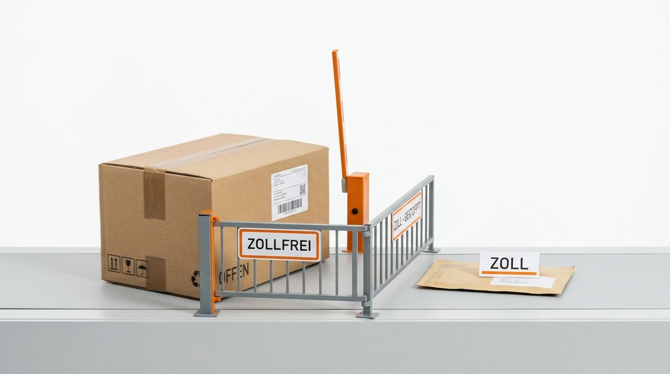 Modell-Grenzübergang mit Paket und Umschlag vor einer Schranke und Hinweisschildern