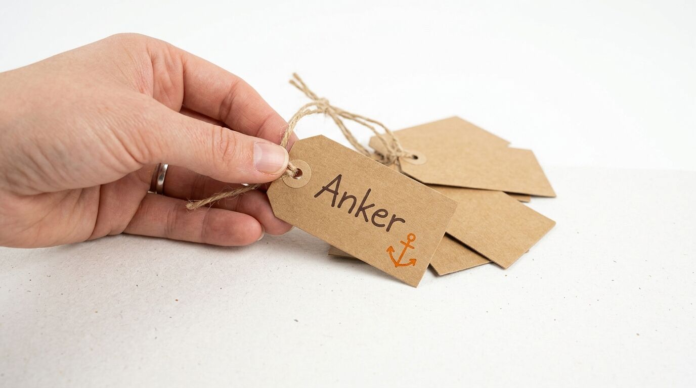 Eine Hand hält ein Pappetikett mit der Aufschrift